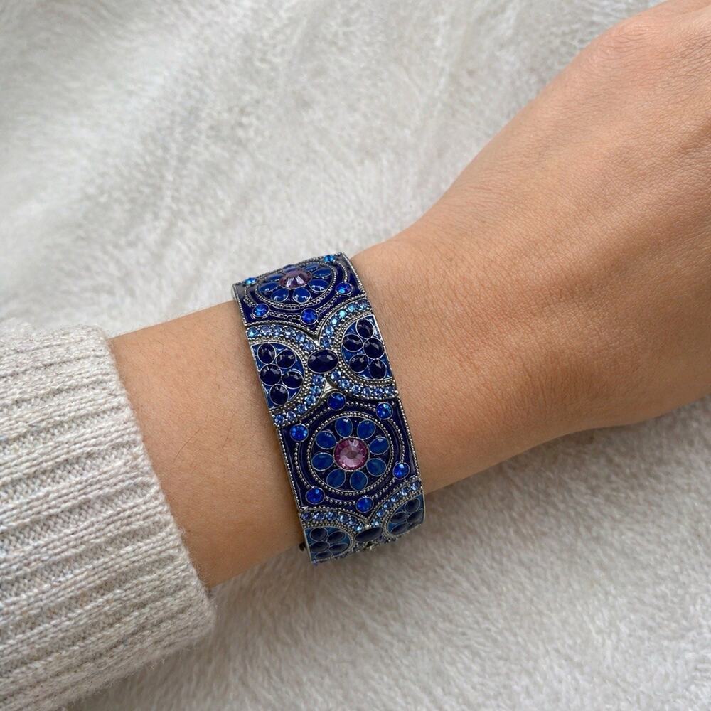 Blue Pink Rhinestone Wide Cuff Bracelet Silver Tone Floral Mosaic Panel